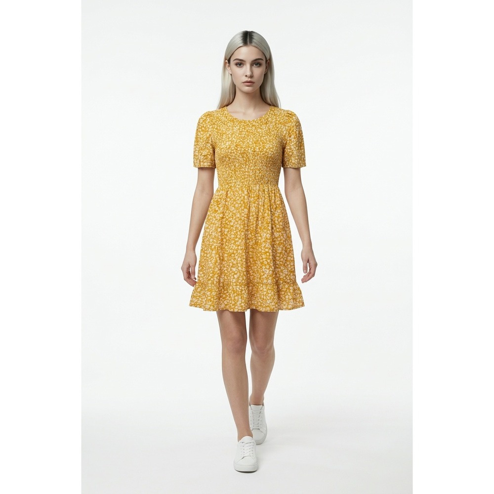 Annebouti Women Mustard Yellow Floral Smocked Mini Dress XL Feminine Cottagecore